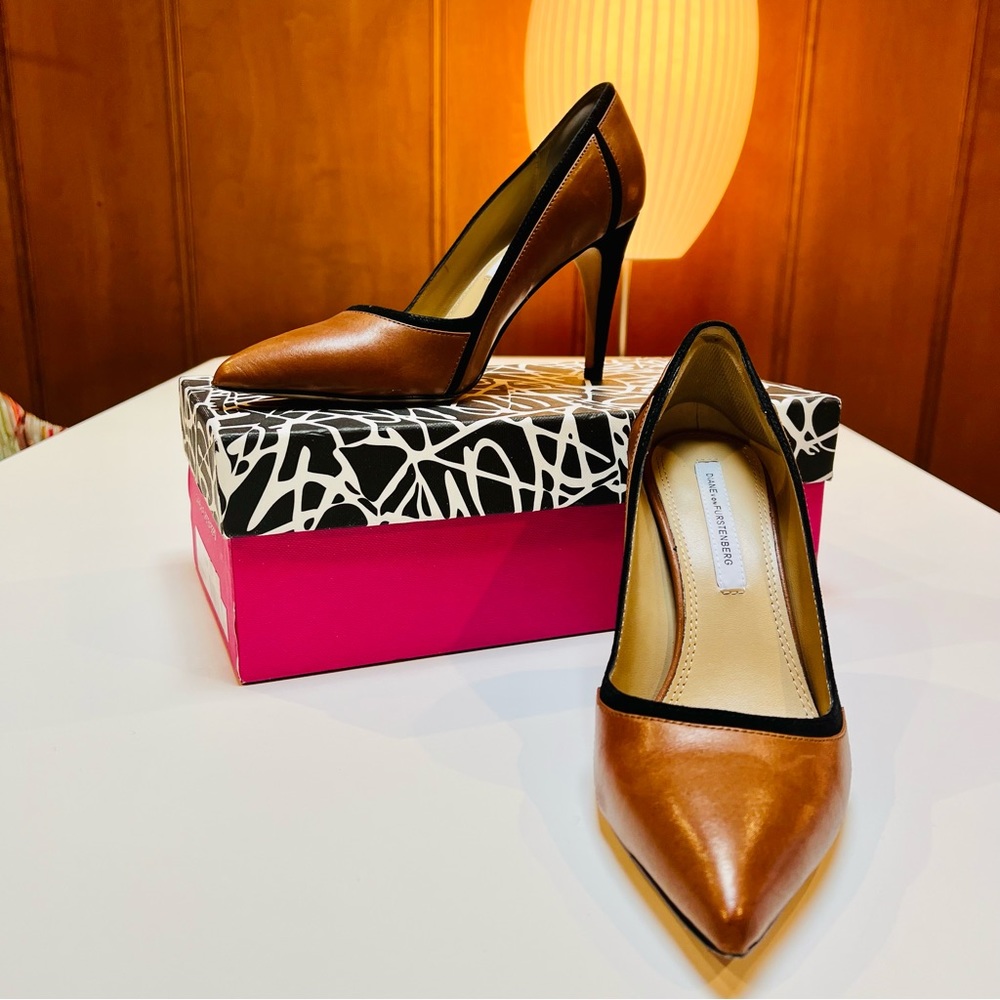 Diane von Furstenberg heels. Cognac Vacchetta with black suede trim/heels. 7.5